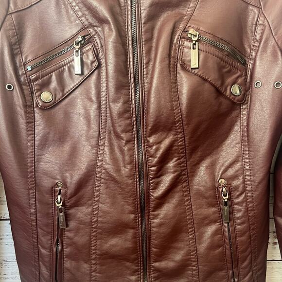 JOU JOU-WOMENS FAUX LEATHER JACKET BURGUNDY SIZE MEDIUM - Picture 3 of 10